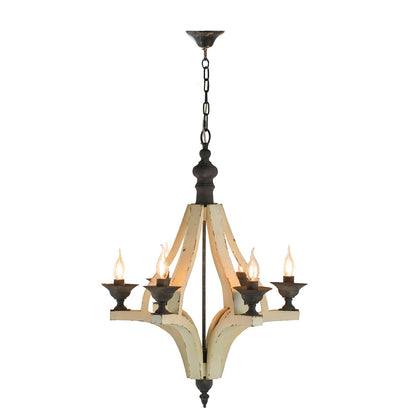 6 Light Wood Chandelier, Hanging Light Fixture With Adjustable Chain For Kitchen, Bulb Not Included - Cream