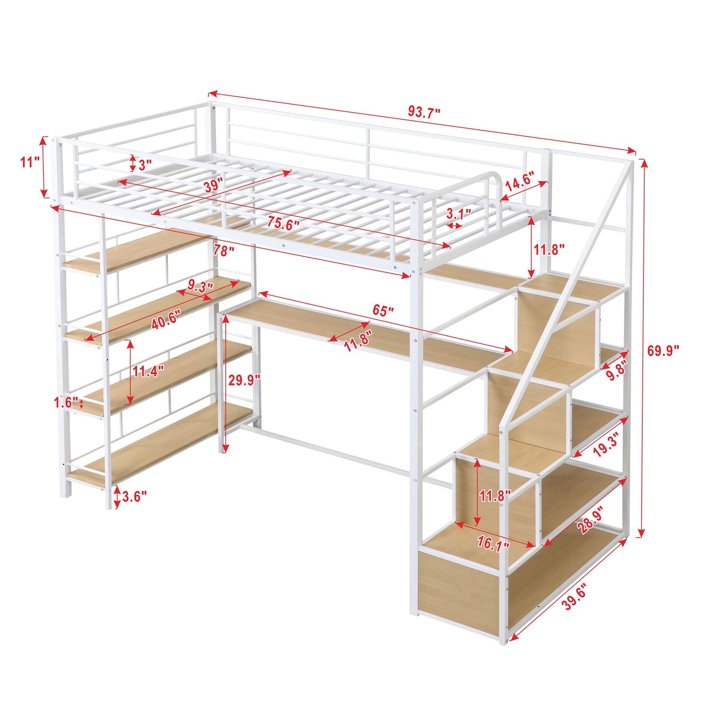 Twin Size Loft Bed With Built In Desk, Staircase Storage & 4 Tier Shelves - White