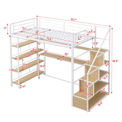 Twin Size Loft Bed With Built In Desk, Staircase Storage & 4 Tier Shelves - White