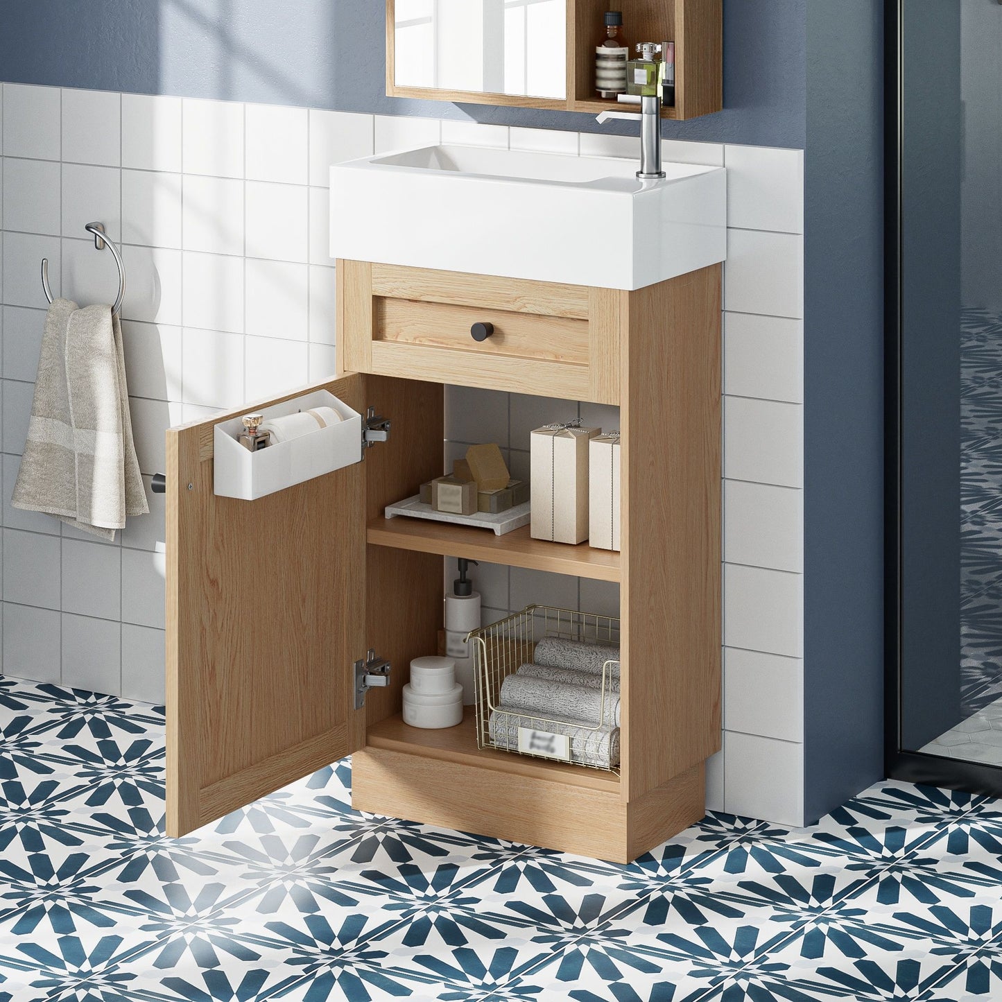 Bathroom Vanity With Reversible Resin Sink, Cabinet & Zinc Alloy Handles - Wood