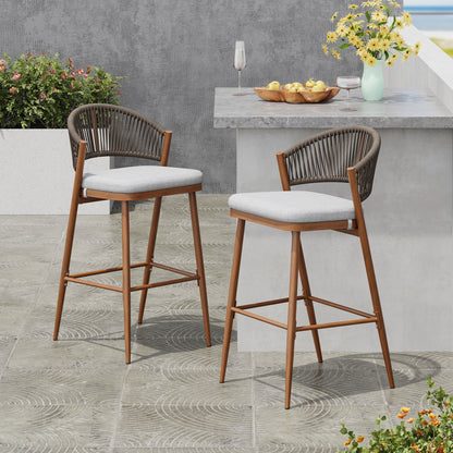 Outdoor Bar Height Metal Frame Counter Stools With Scallop Shaped Backrest & Water Resistant Cushions