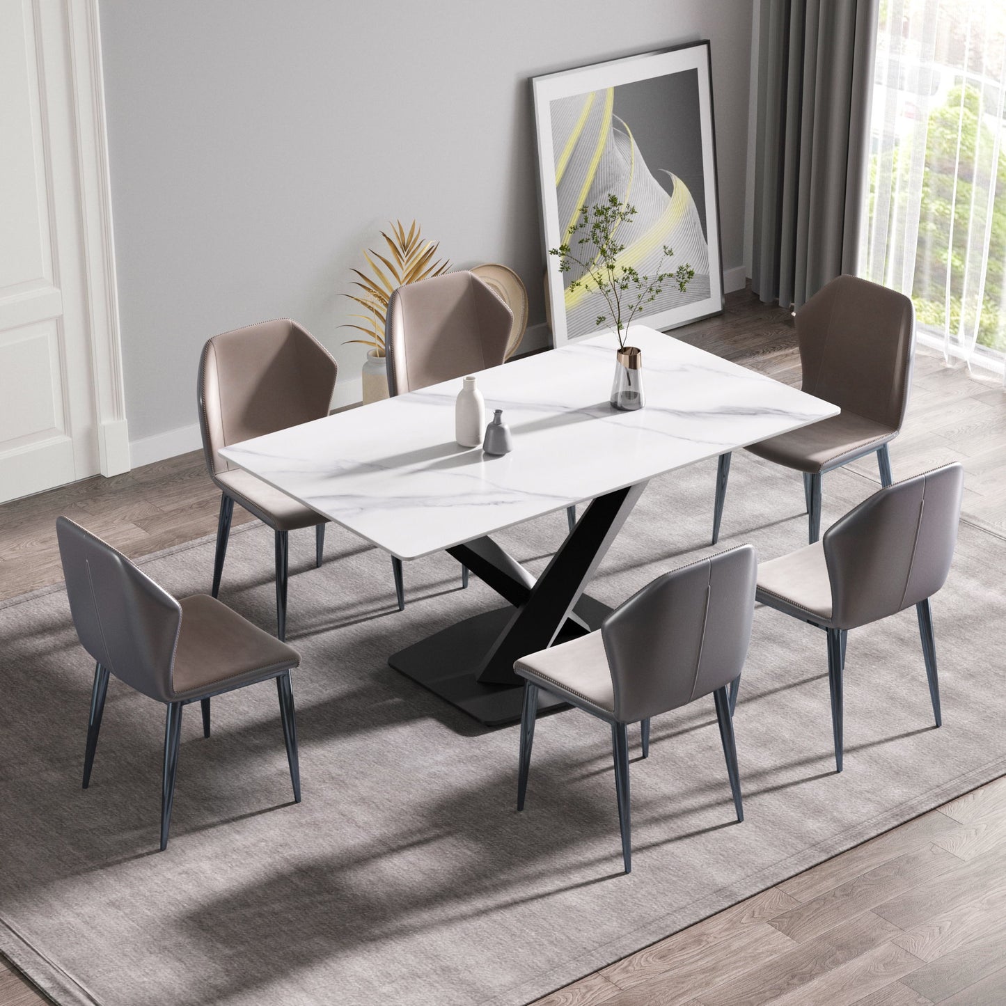 63" Modern Artificial Stone Straight Edge Metal X-Leg Dining Table, 6 People - White / Black