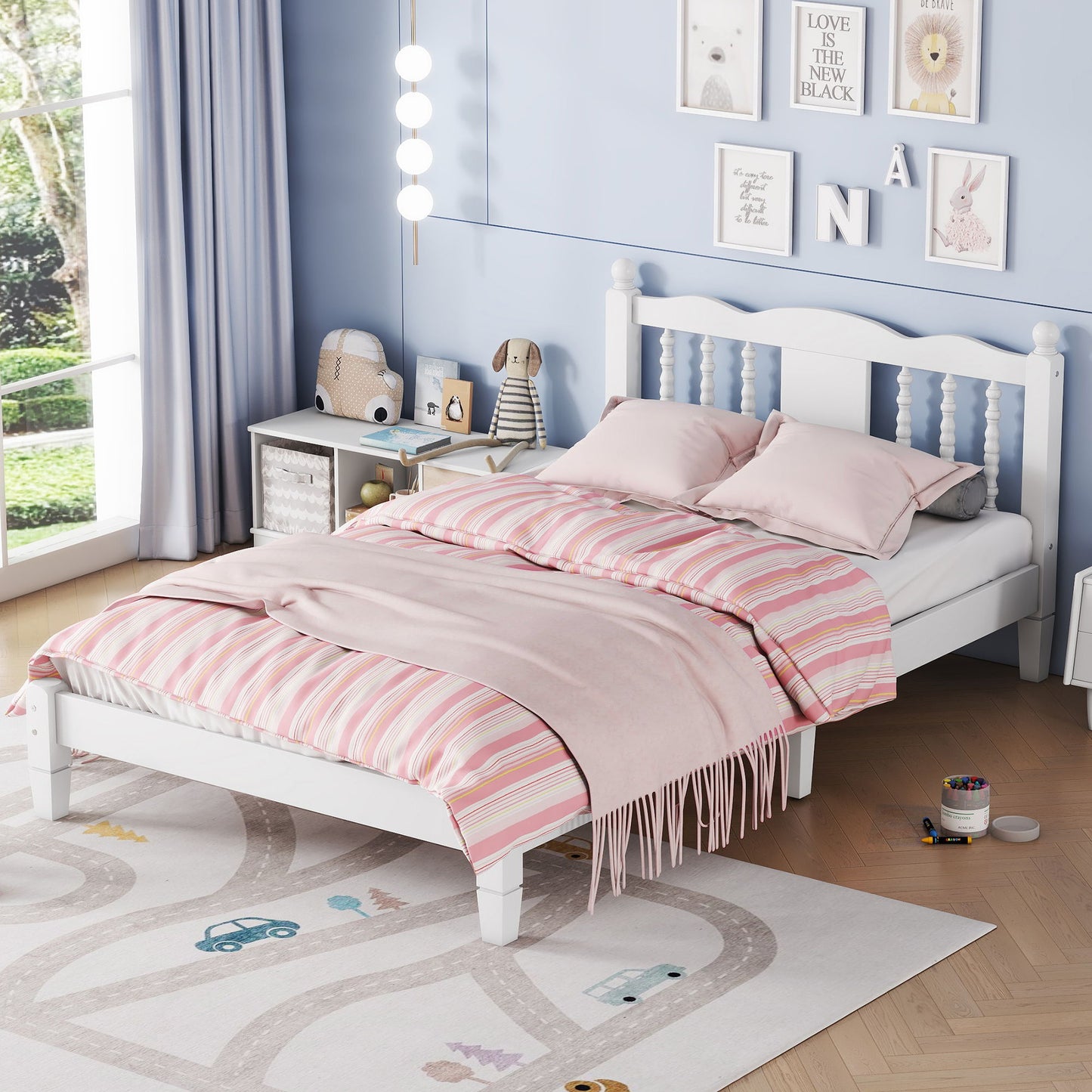 Bed With Column Decoration Headboard, With Bed Slats