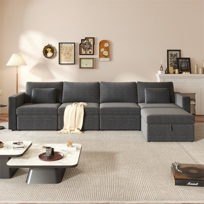 Modern Cotton Linen Modular Sectional Sofa, L Shape Convertible Sofa Set With Pillows, Oversized Sectional Couches With Storage Ottomans For Living Room, Loft, Apartment, Office 5 Seats