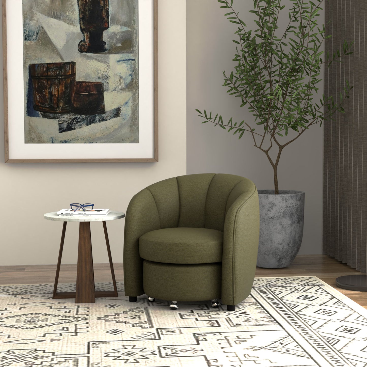 Barrel Chair With Nesting Ottoman - Forest Green