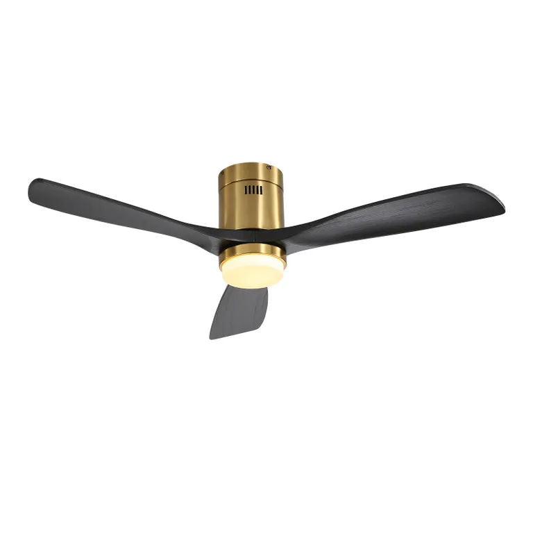 Flush Mount Ceiling Fan With 3 Solid Wood Blades Remote Control Reversible DC Motor For Living Room - Gold