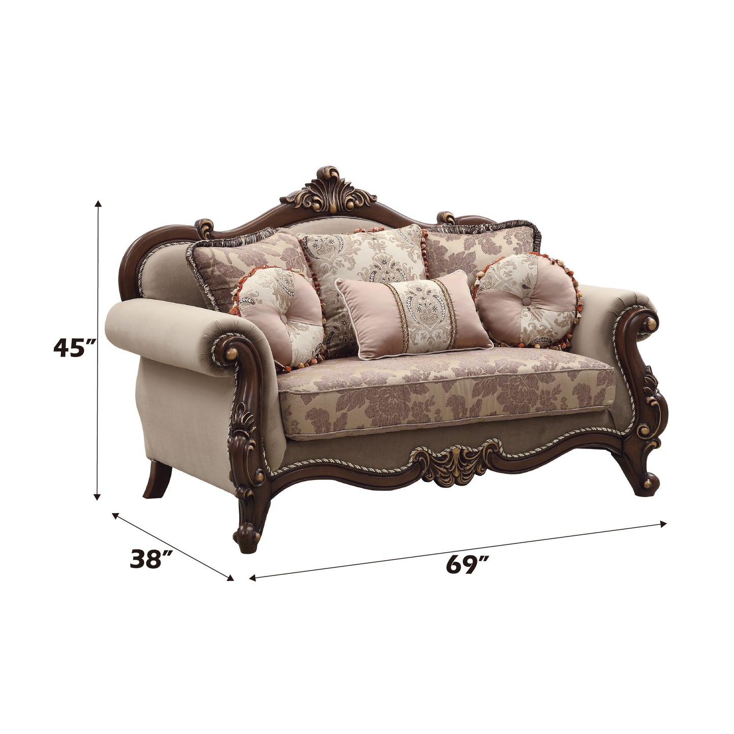 Mehadi - Loveseat With 6 Pillows - Velvet & Walnut