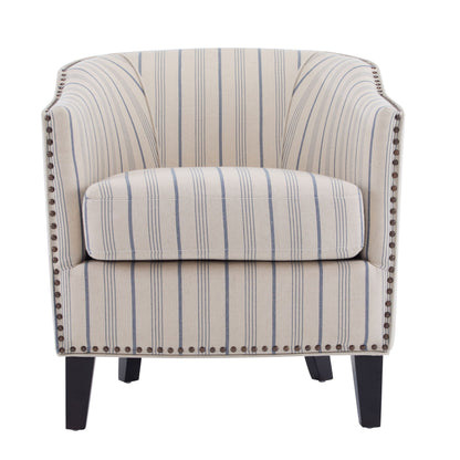 Transitional Upholstered Stripe Barrel Chair With Birch Wood Legs And Plush Cushioned Seat - Beige / Blue Stripe