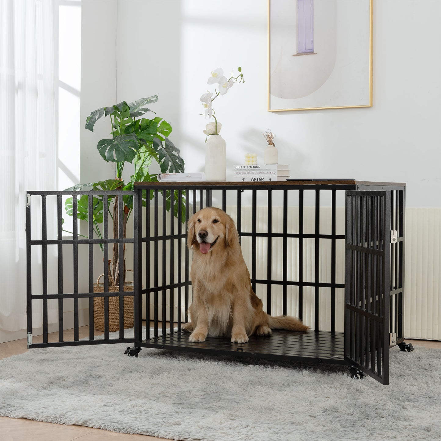 Heavy Duty Dog Crate For Large Medium Dogs, Furniture Style Cage With 4 Lockable Wheels And 2 Locks, Decorative Pet House Wooden Cage Kennel Furniture Indoor - Black