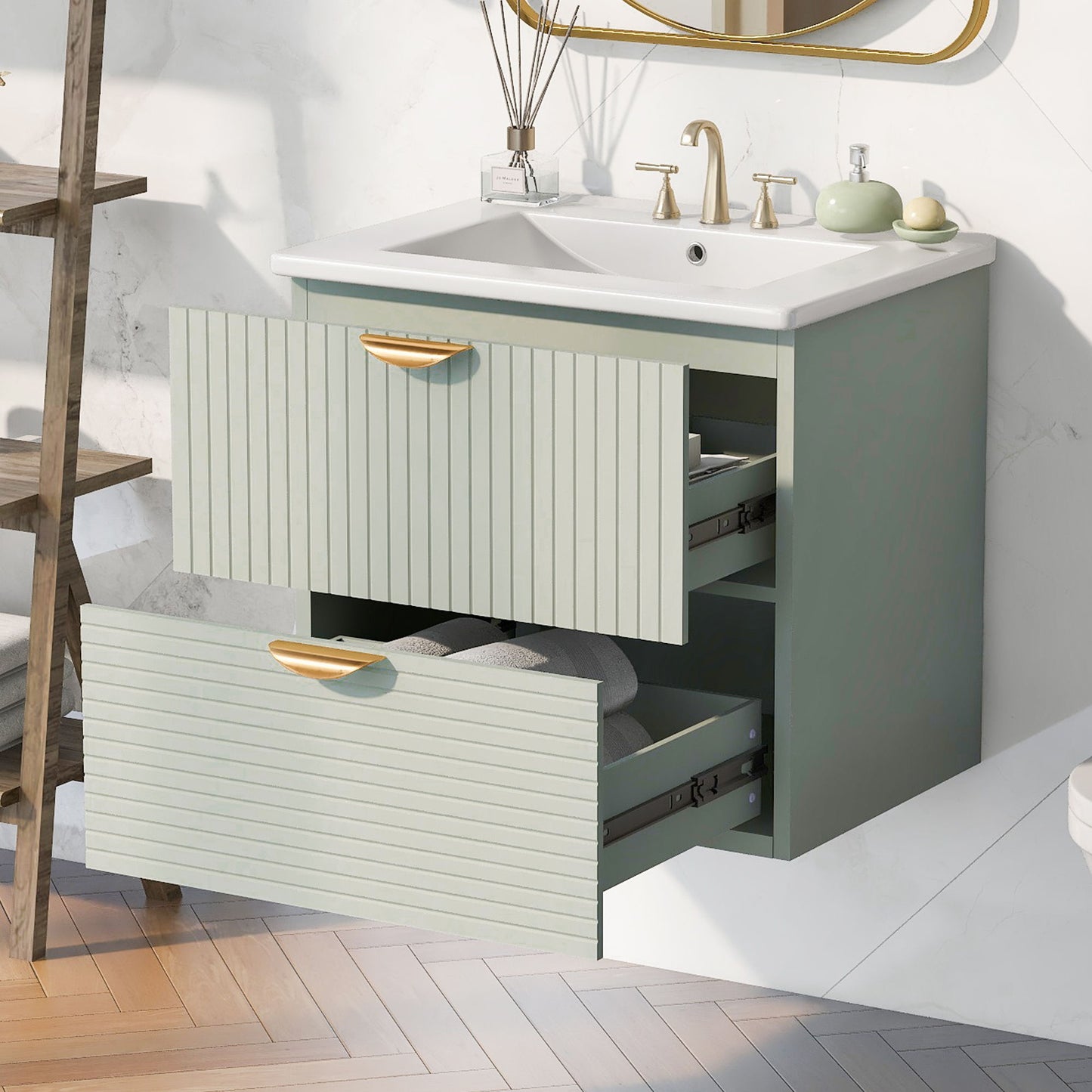 Modern Wall-Mounted Bathroom Vanity With 2 Drawers, Ideal For Small Bathrooms - Green