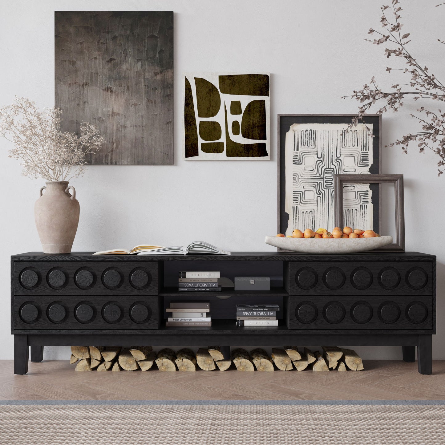 Media Console With 4 Drawers And Cable Management