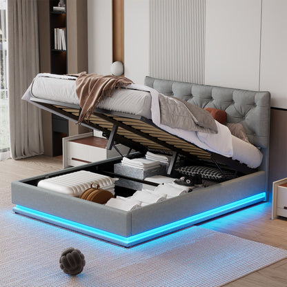 Upholstered Bed With Hydraulic Storage System And LED Light, Modern Platform Bed With Button-Tufted Design Headboard