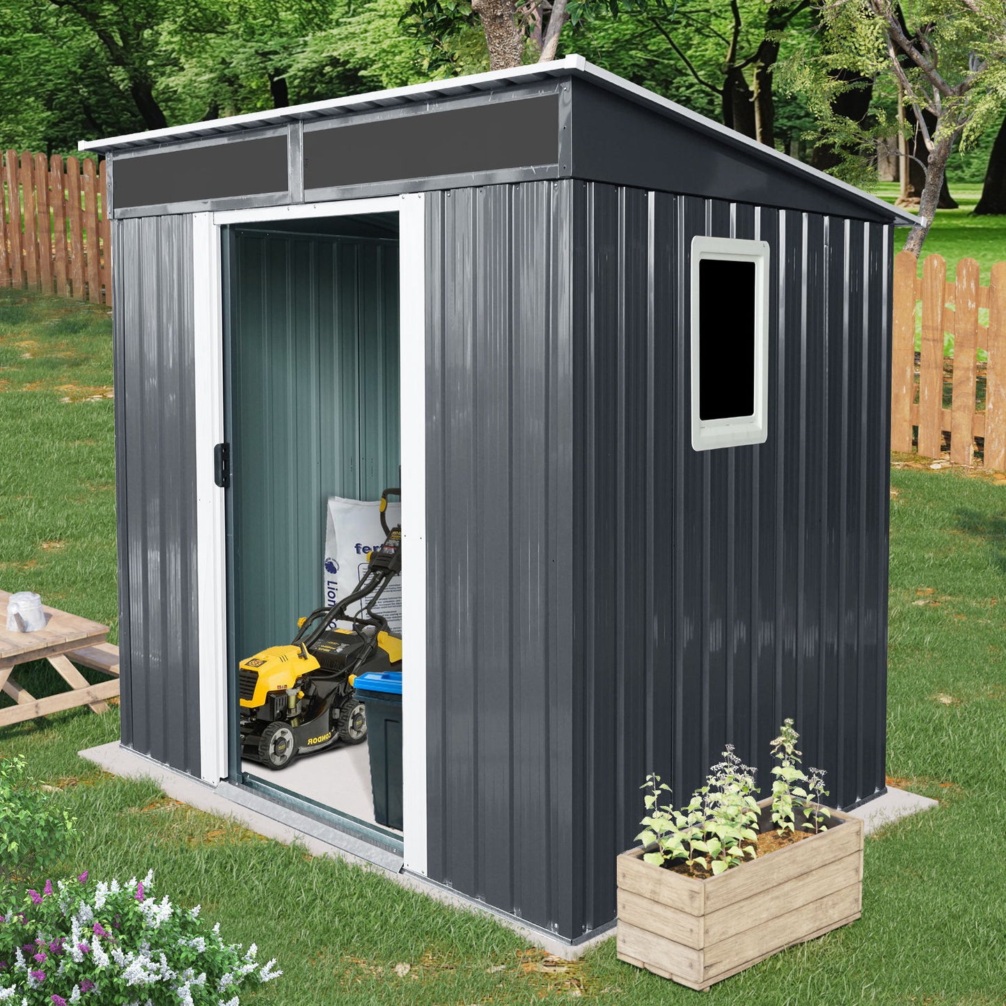 Outdoor Metal Storage Shed With Window And Transparent Plate For Garden, Lawn