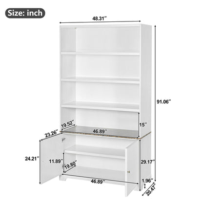 Tall Bookcase Storage Cabinet With 3 Open Shelves & Fluted Double Doors