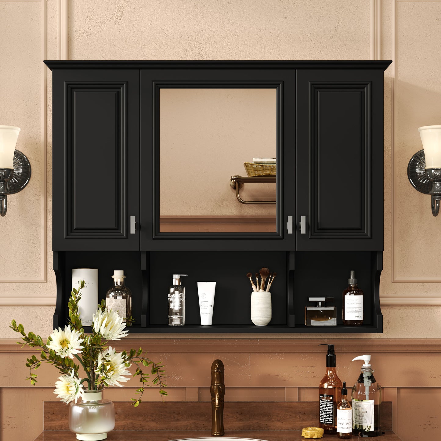 Wall Mounted Bathroom Medicine Wall Cabinet With Mirror & Open Shelves
