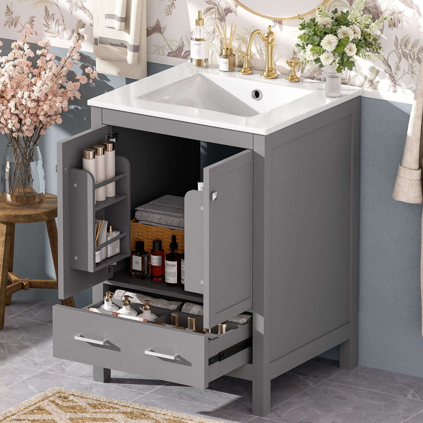 Bathroom Vanity With Integrated Undermount Ceramic Sink, 2 Doors And 1 Drawer, Soft Close Hinges