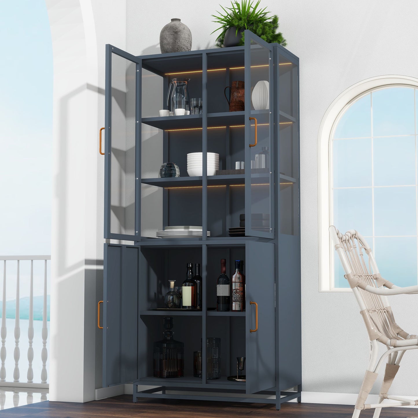 Modern Style Tall Steel Display Cabinet With Double Glass Doors, LED Lights