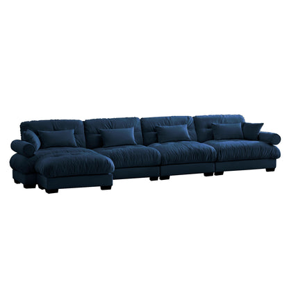 Modern Sectional Sofa With Ottoman, Round Bolster Armrests, Waist And Throw Pillows