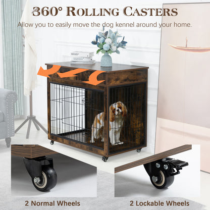 Dog Crate Furniture, Wooden Dog House, Decorative Dog Kennel With Drawer, Indoor Pet Crate End Table For Small Dog, Steel-Tube Dog Cage, Chew-Proof