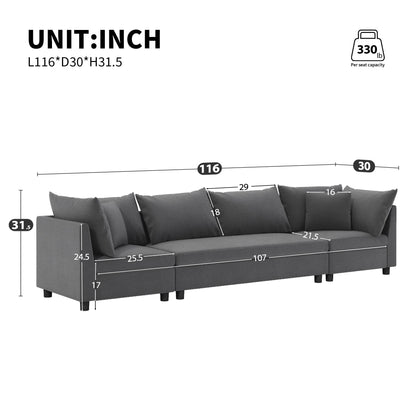 Modern Modular Sectional Oversized 4 Seat Couch Set & 4 Pillows, Minimalist Style Wide Seat Comfy Sofa - Gray