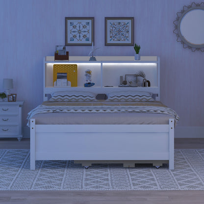 Bed With USB & Type-C Ports, LED Light, Bookcase Headboard, Trundle And 3 Storage Drawers, Bed With Bookcase Headboard, Trundle And Storage Drawers