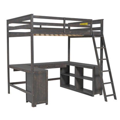 Loft Bed With U Shaped Desk, Drawers, And Storage Shelves