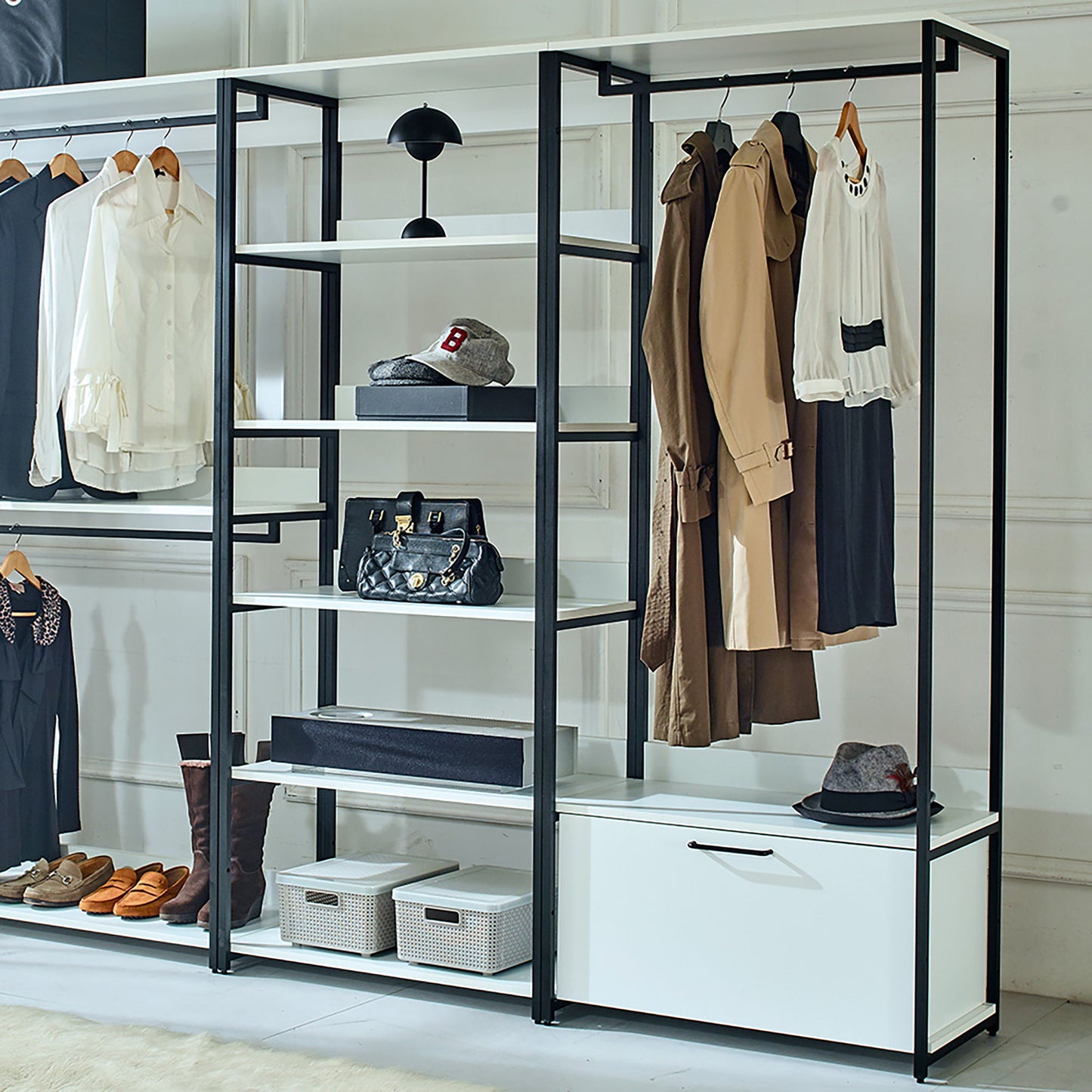 Fiona - Freestanding Walk In Wood Closet System With Metal Frame Durable Storage Solution Melamine - White
