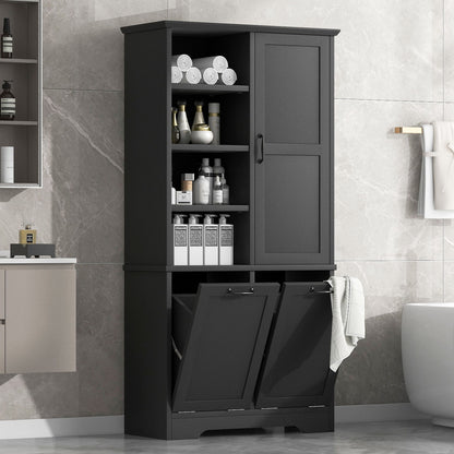 Freestanding Bathroom Storage Cabinet With Doors And Drawers, Adjustable Shelves, Tilt-Out Laundry Hamper