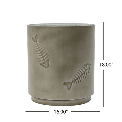 Rustic Magnesium Oxide Side Table With Fish Pattern Design - Gray