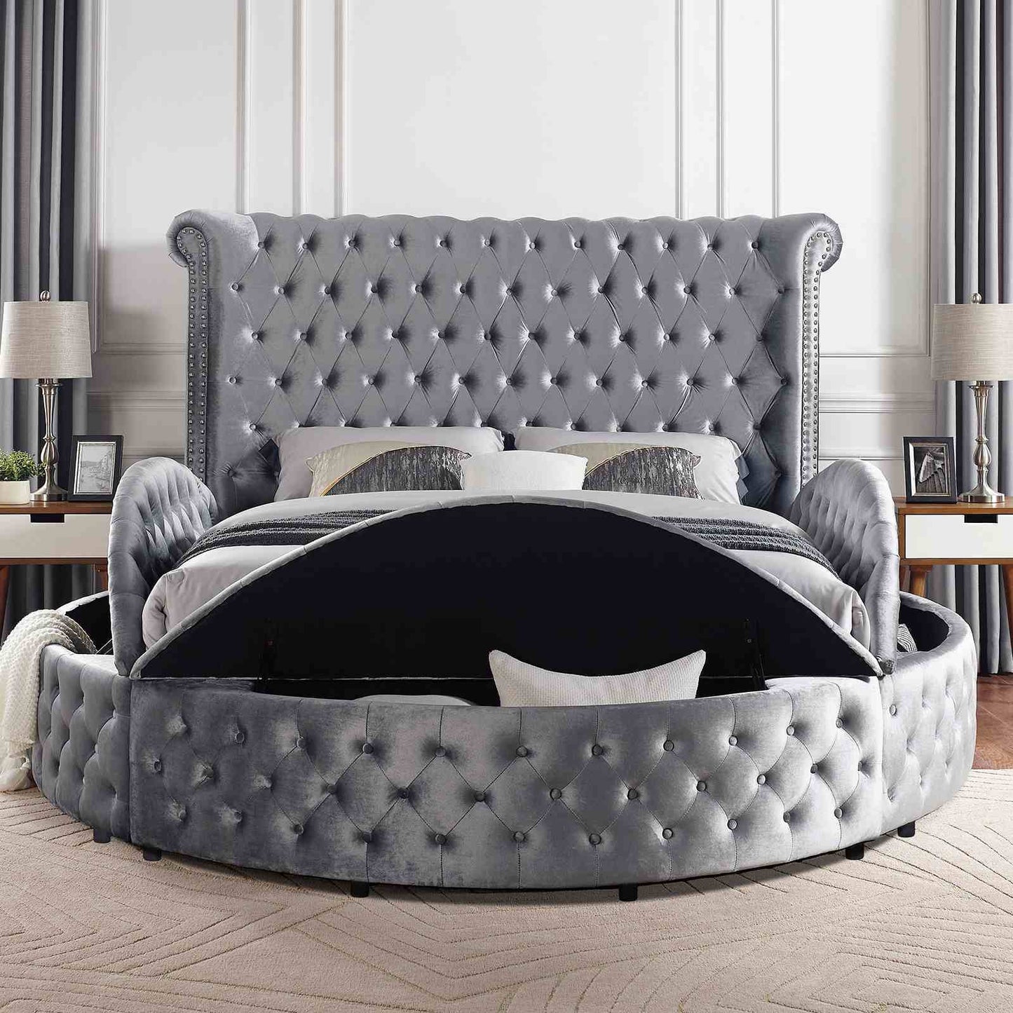 Glam Button Tufted Wingback Round Bed With Storage And USB Ports