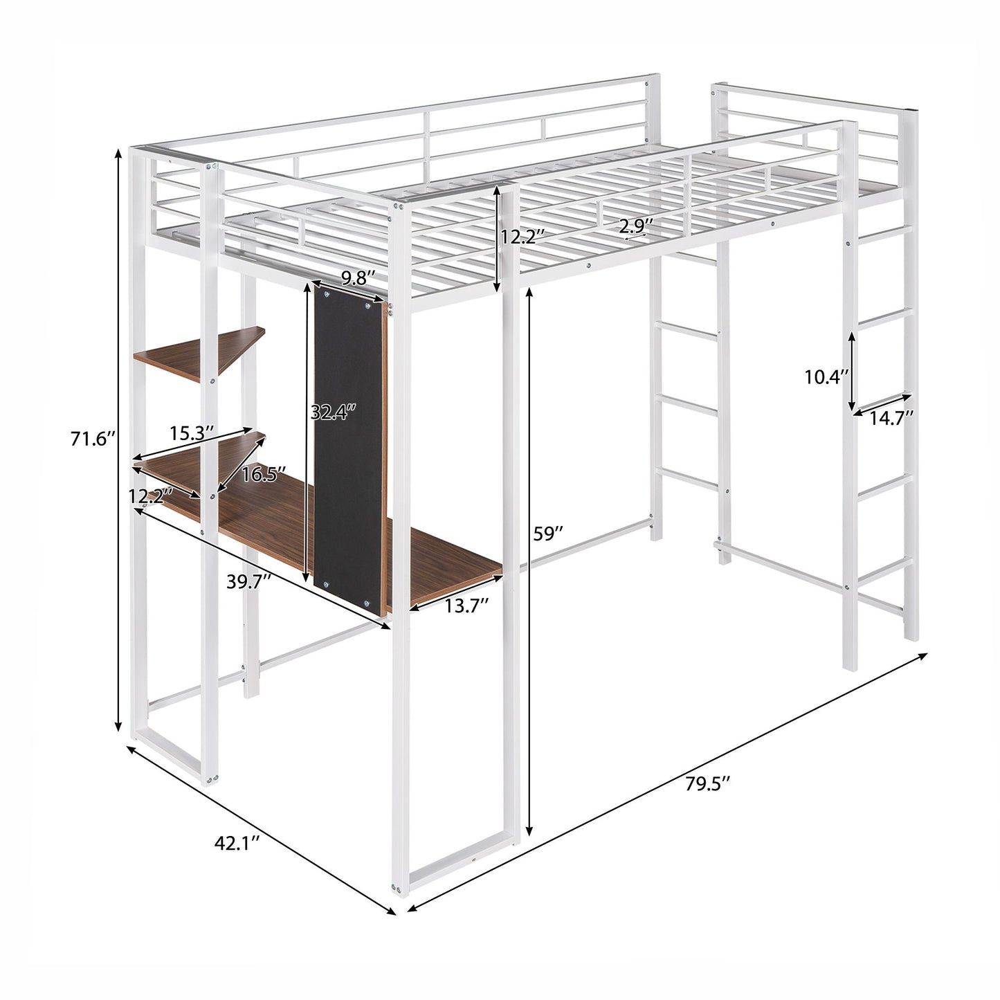 Hearth & Haven - Twin Metal Loft Bed With 2 Shelves And One Desk - White