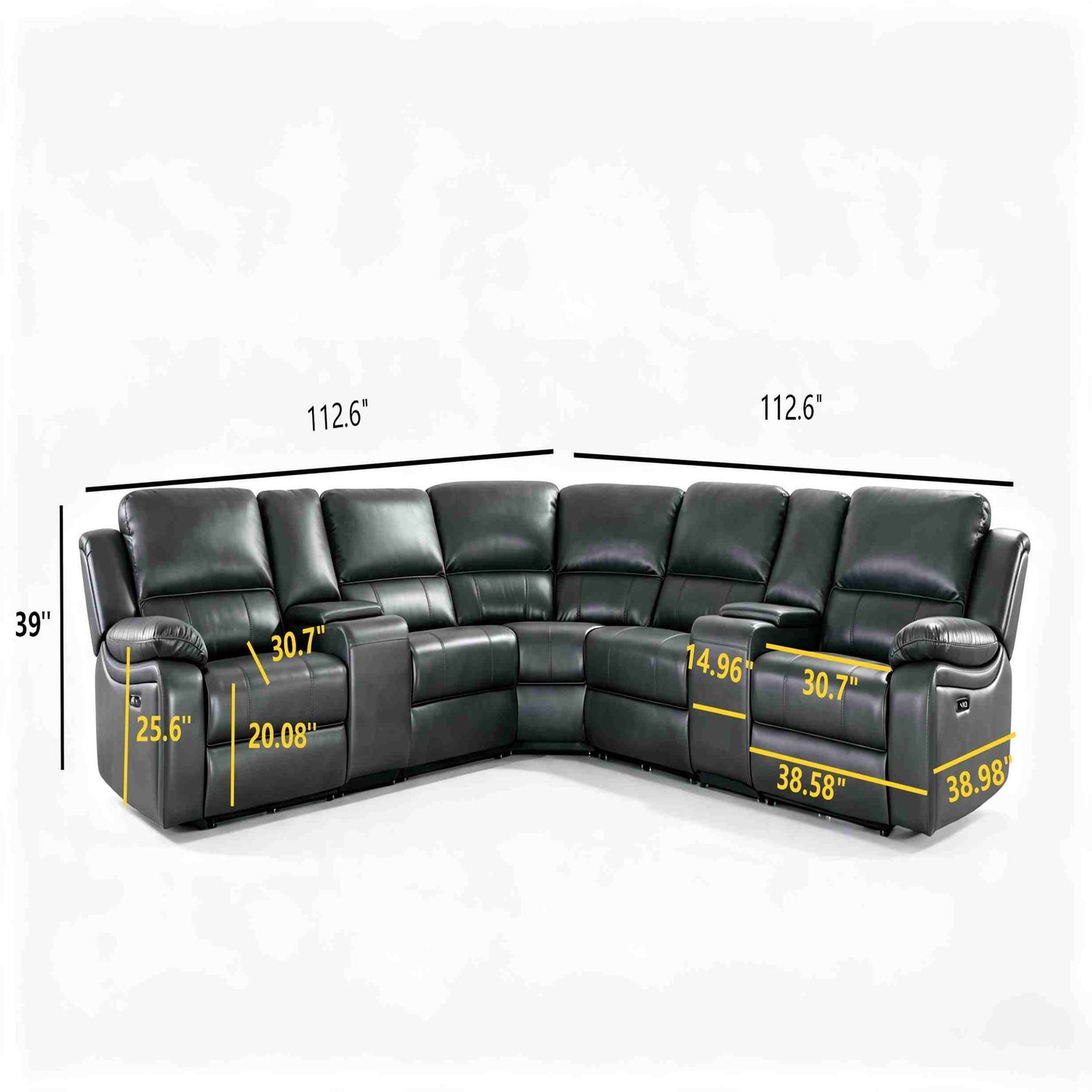 Power Reclining Sectional Sofa With 3 Adjustable Recliners, USB Ports & Cup Holders, Oversized Seating For Living Room - Black