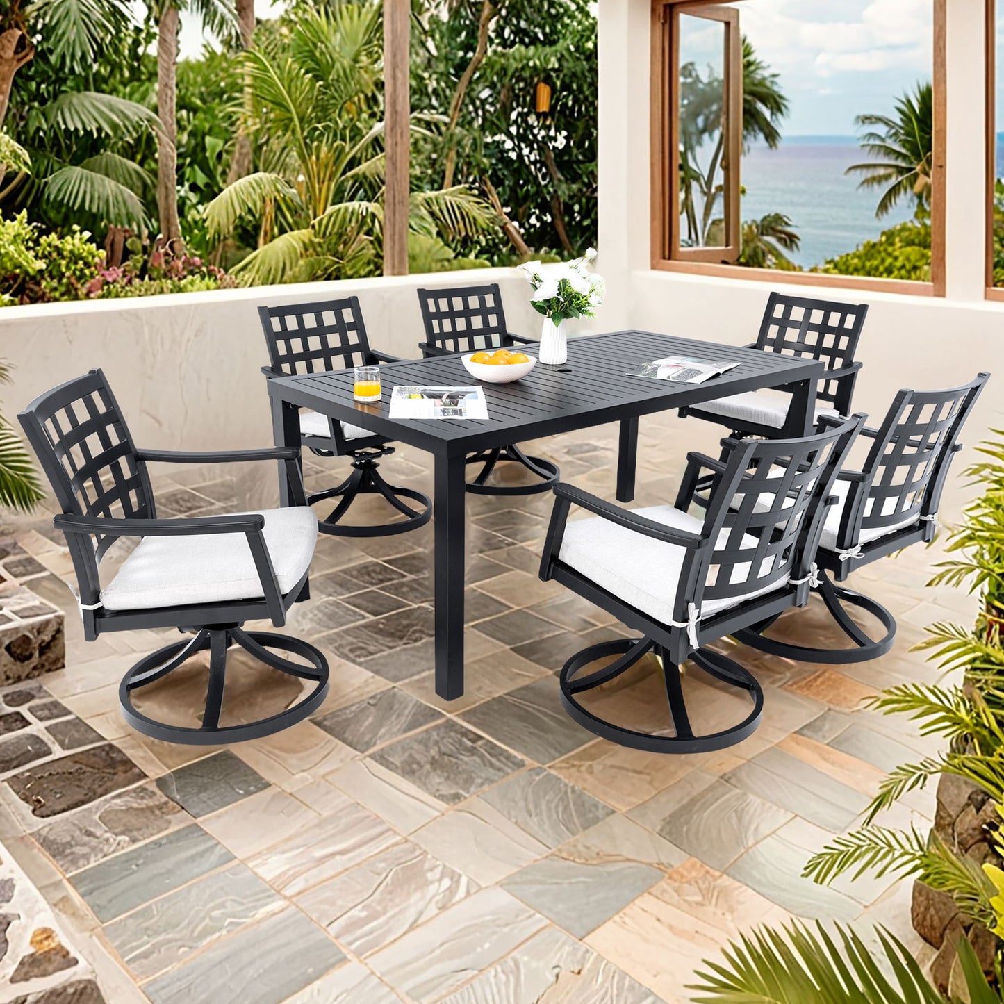 Modern Classic Outdoor Patio Dining Set, Rectangular Table & Dining Chairs, Rust Free, Weather Resistant