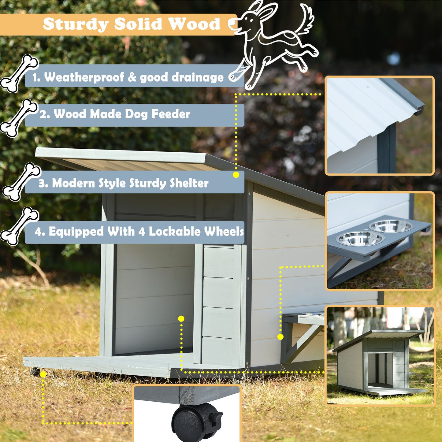 Modern Design Outdoor Dog House With Food Bowl And Wheels Pine - Gray / White