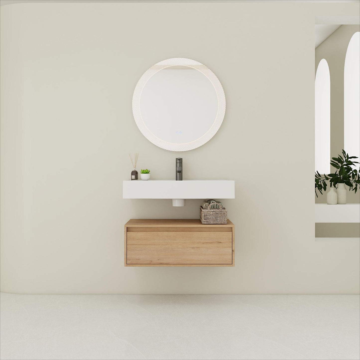 Wall Mounted Bathroom Vanity With Resin Sink And Soft Close Drawer In Imitative - Imitative Oak