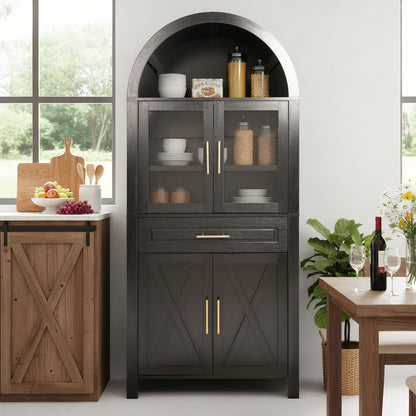 Arched Kitchen Pantry Cabinet With Adjustable Shelves & Barn Door Design