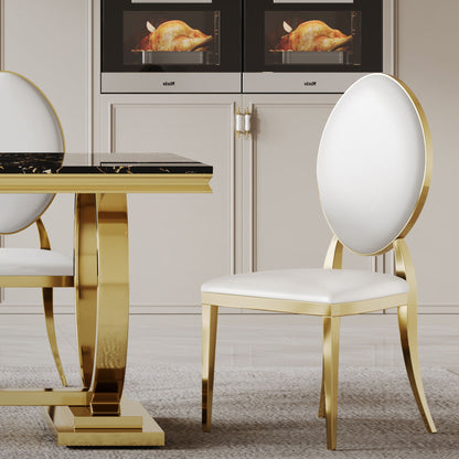 Leatherette Dining Chair (Set of 2), Oval Backrest Design And Stainless Steel Legs - White / Gold