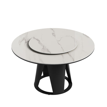 Modern Sintered Stone Dining Table With Round Turntable, Metal Pedestal, And Chairs