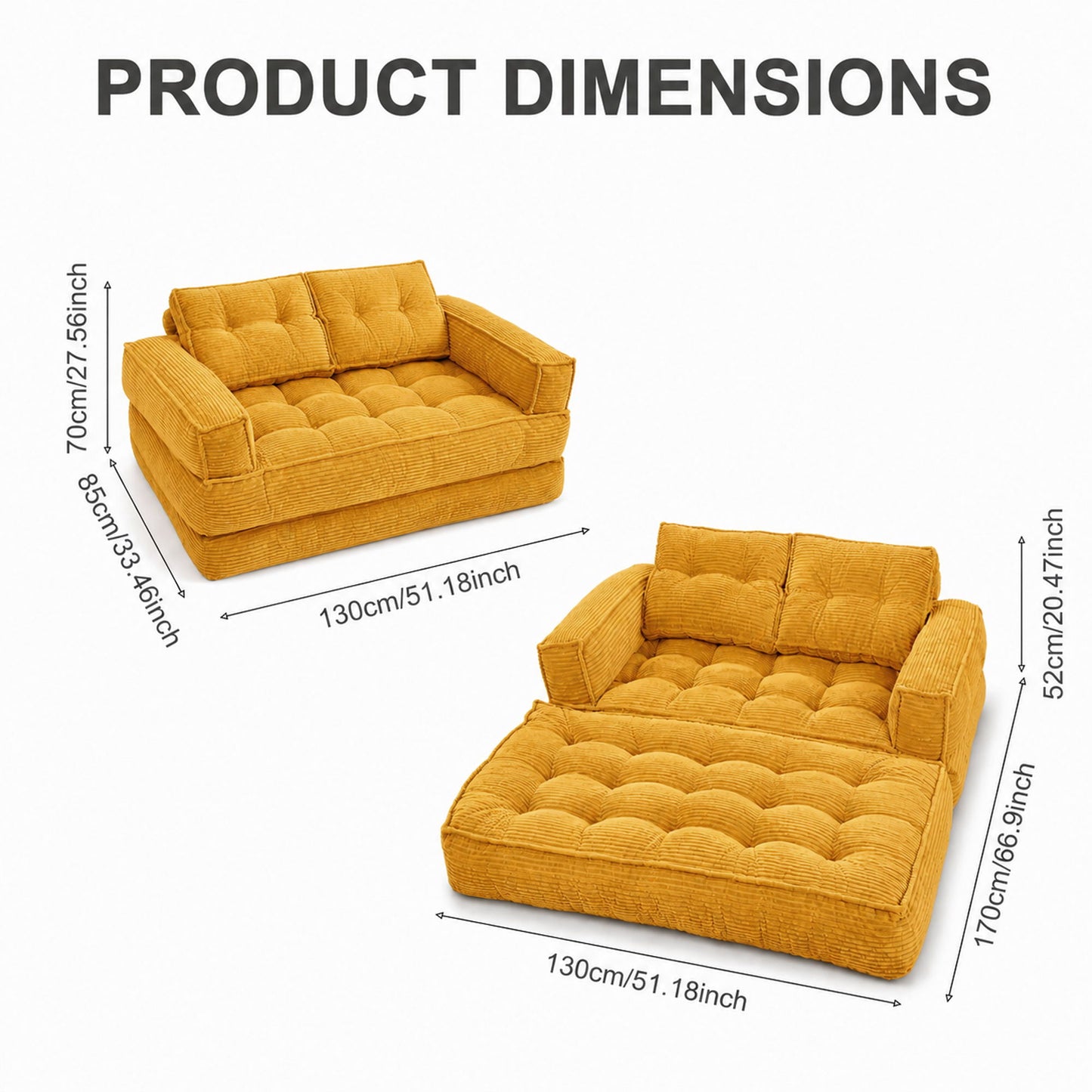 2 Seater Modular Corduroy Sofa With Chaise Lounge For Living Room