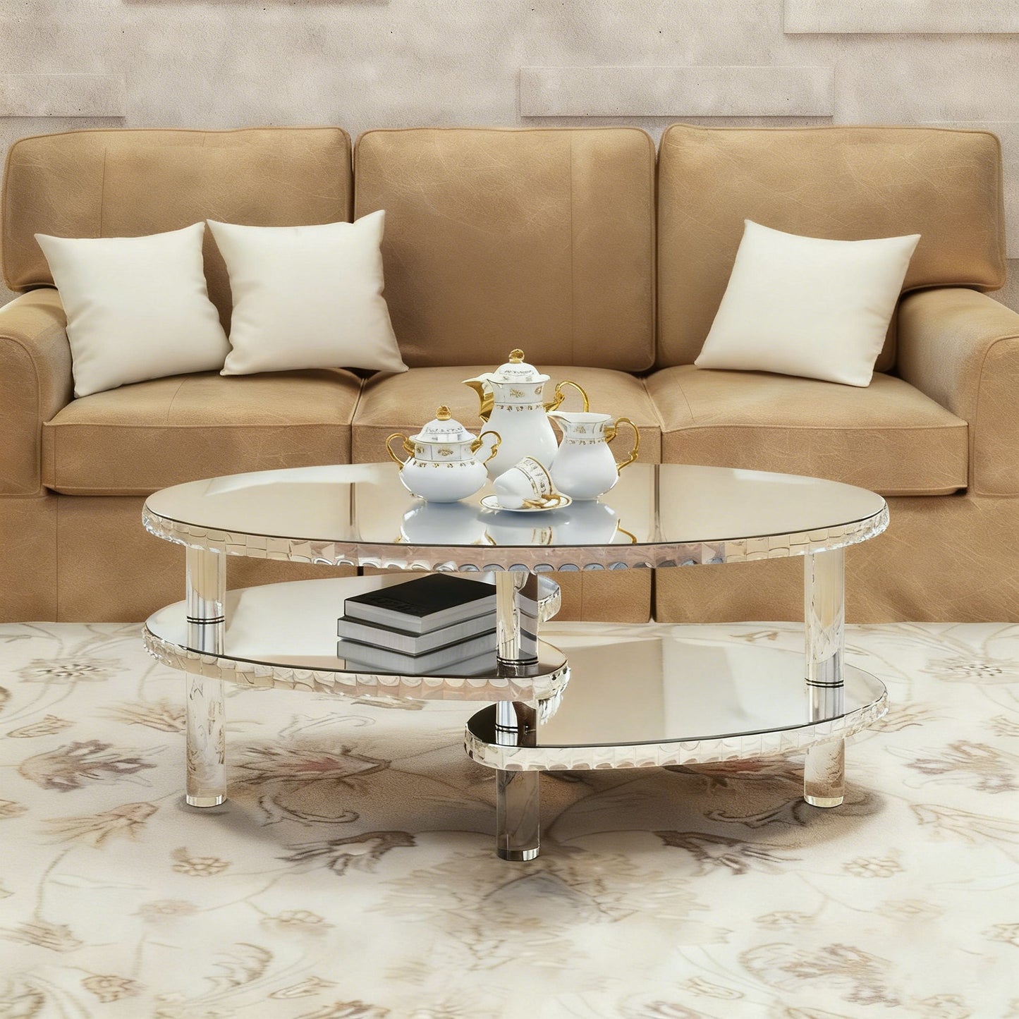 Coffee Table, Oval Double Layer Home Furnishing - Silver