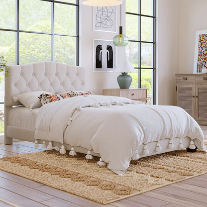 Full Upholstered Platform Bed With Saddle Curved Headboard And Diamond Tufted Details - Beige