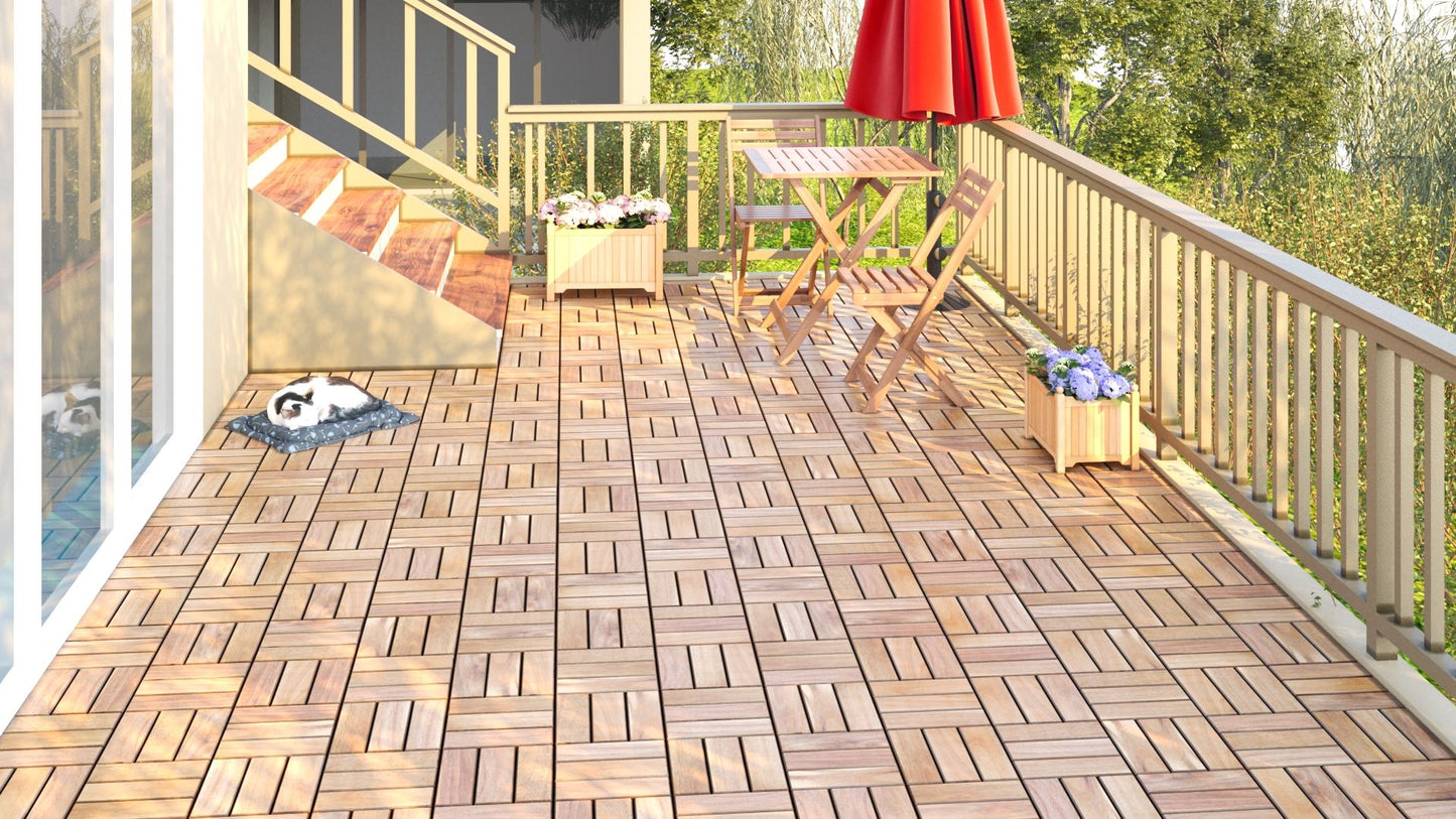 Interlocking Deck Tiles Striped Pattern, Square Acacia Hardwood Outdoor Flooring For Patio, Bancony, Pool Side