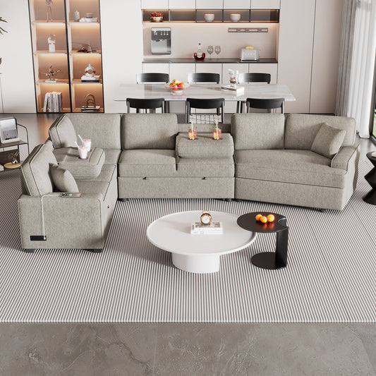 L-Shaped Sofa Sectional Sofa Couch Pull-Out Sofa Bed With Charging Devices And Cup Holders For Living Room