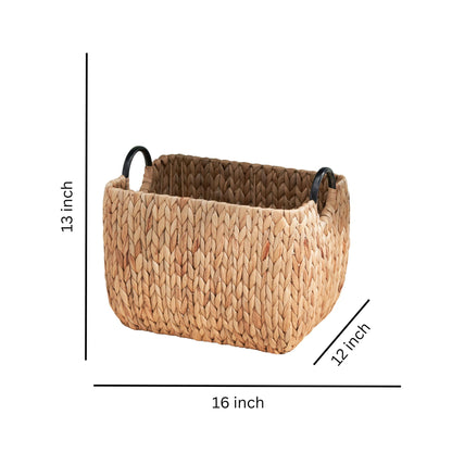 Rectangular Multi Purpose Water Hyacinth Woven Wicker Baskets With Handles - Natural / Brown