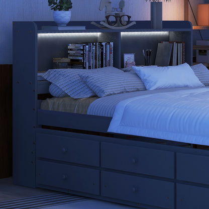 Bed With USB & Type-C Ports, LED Light, Bookcase Headboard, Trundle And 3 Storage Drawers, Bed With Bookcase Headboard, Trundle And Storage Drawers