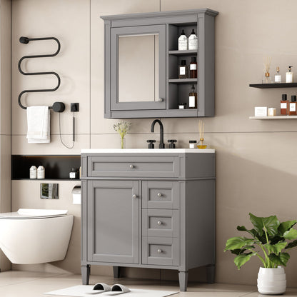 Bathroom Vanity With Top Sink, Freestanding Storage Cabinet With 2 Doors And 3 Drawers, Mirror Cabinet Included - Gray