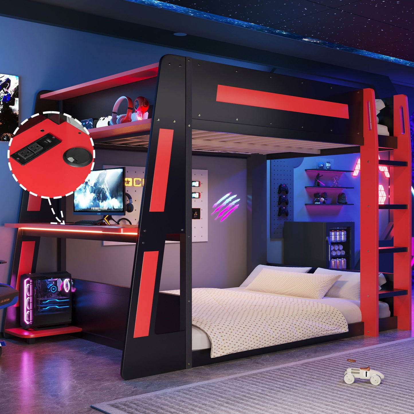 Gaming Bunk Bed With Desk, 2 Storage Shelves, USB And LED Light
