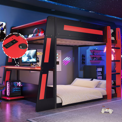 Gaming Bunk Bed With Desk, 2 Storage Shelves, USB And LED Light