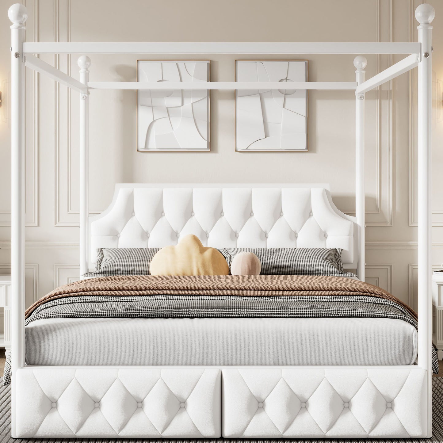Canopy Platform Bed With Upholstered Headboard And 2 Storage Drawers - White