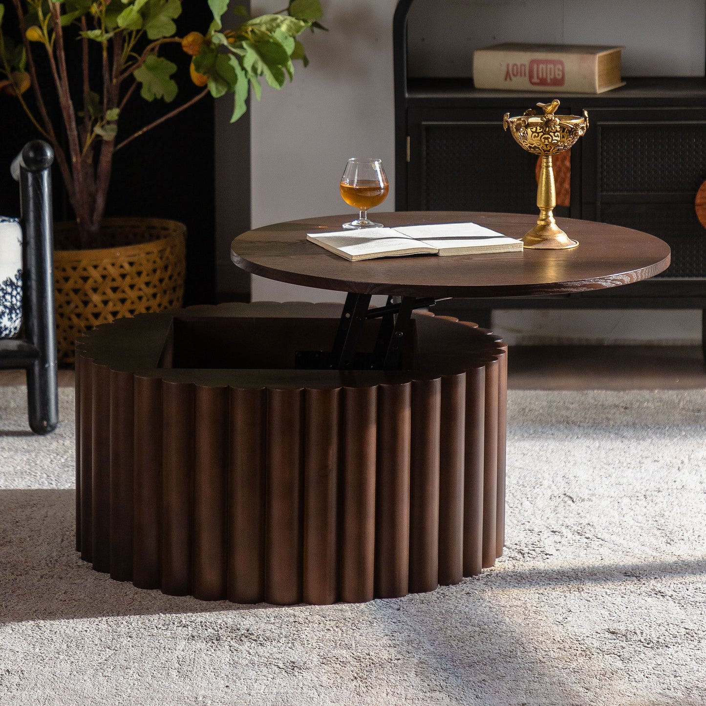 Round Coffee Table With Lift Mechanism For Living Room - Walnut